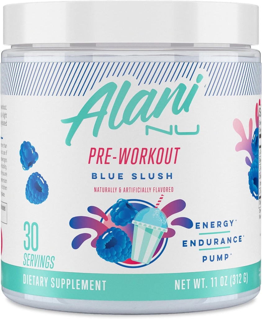 Alani Nu Pre Workout Powder Blue Slush, Amino Energy Boost, Endurance Supplement, Sugar Free, 200mg Cafeïne, L-Theanine, Beta-Alanine, L-Citrulline, 30 porties