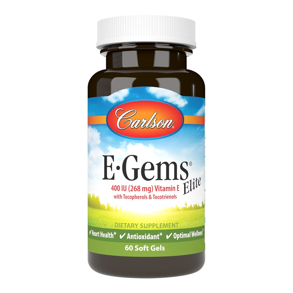 Carlson - E-Gems Elite, 400 IE Vitamine E met Tocoferolen & Tocotrienolen, Hartgezondheid & Optimale Wellness, Antioxidant, 60 zachte gels