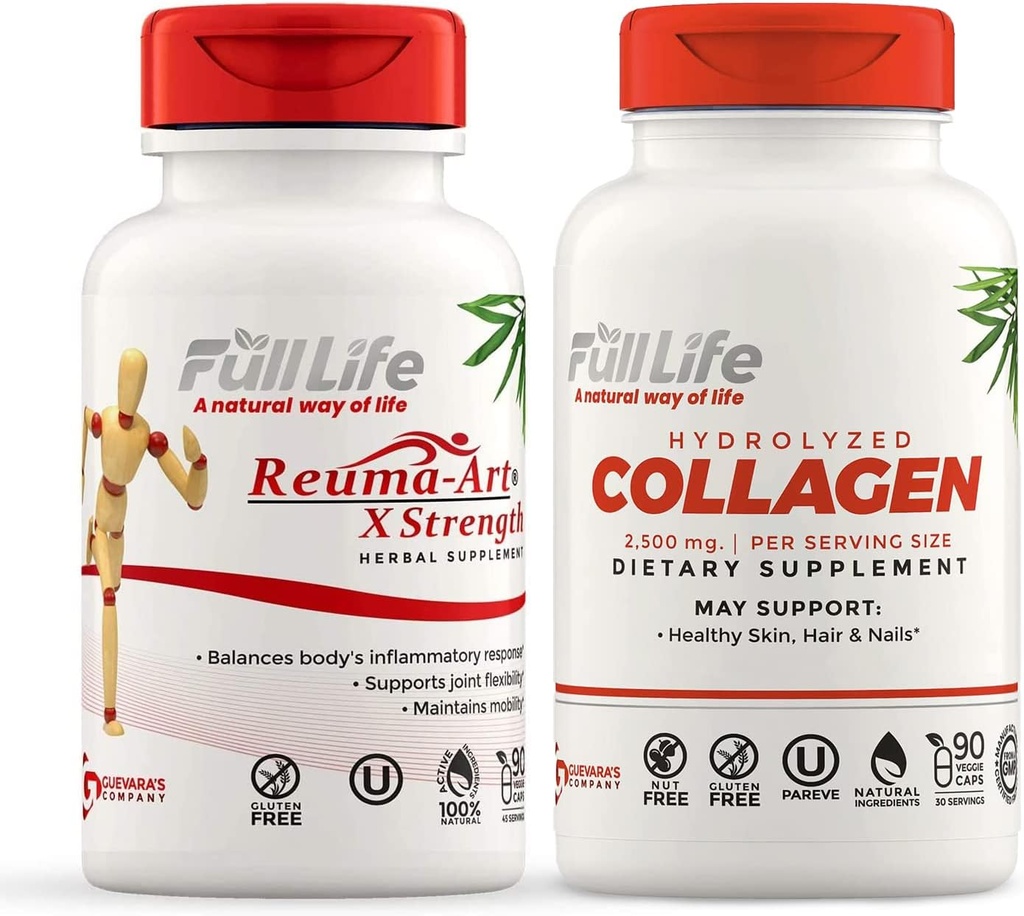 Full Life Reuma-Art X Strength and Hydrolyzed Collageen - Joint Support Supplement - Bovine Collageen Pillen - Kosher, Glutenvrije - 90 Veggie Capsules Elke