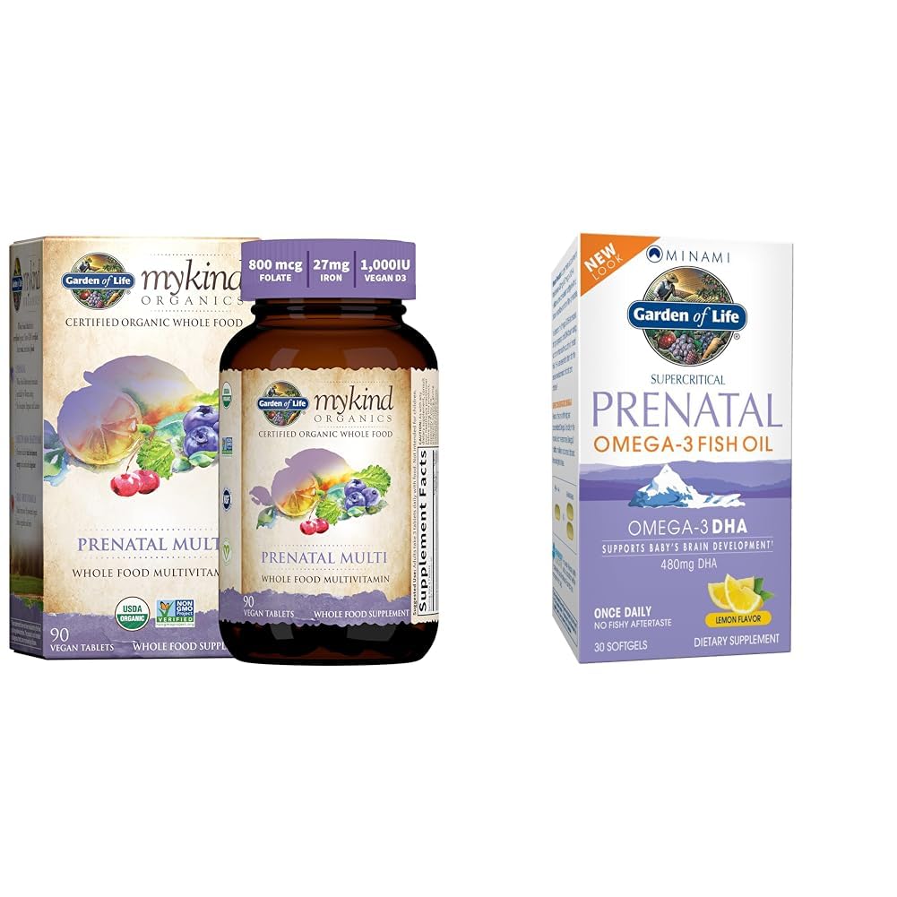 Garden of Life Vrouwen Prenatale Multivitamine met Vitamine D3, B6, B12, C & Iron & Minami Natuurlijke Prenatale DHA Omega 3 Visolie Supplement Softgels, Citroen, 30 Tel.