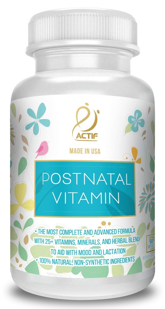 ACTIF Postnatale Vitamine met 25+ Organische Vitaminen en Biologische Kruiden, Verpleeg- en Borstvoeding Supplement, Ondersteunt Baby's Hersenontwikkeling, Niet-GMO, Made in USA, 90 Tel.
