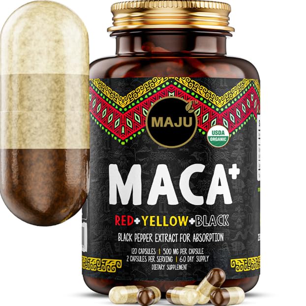 Maju Superfoods 4-in-1 Maca Root Capsules, Organic Black, Yellow & Red Roots w Black Pepper Extract for Absorptie (120 ct) 