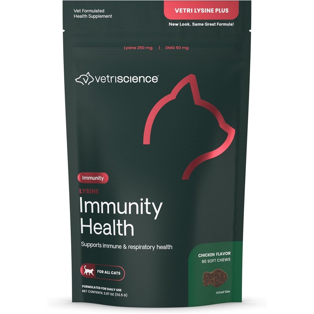 VetriScience Lysine Immunity Health Chews, 250 mg Lysine Plus Immuun Supplement voor Katten en Kittens met Allergieën, niezen, Runny neus en waterige ogen, Kip, 90 Tellen