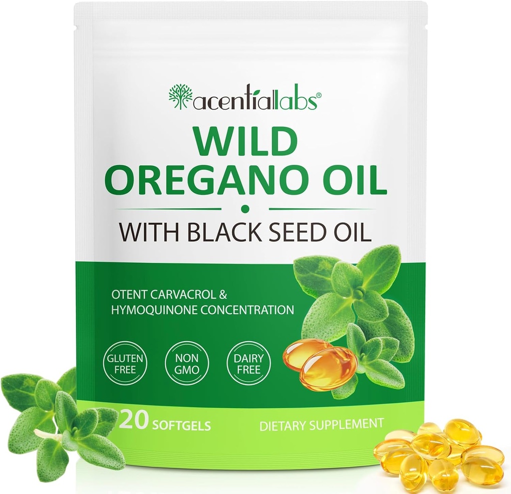 Olie van Oregano Softgels, 120 Count Oregano Oil Supplement Capsules, Oregano Oil Capsules, 165mg Carvacrol, 2 in 1 6000mg Olie van Oregano met Black Seed Oil 200mg