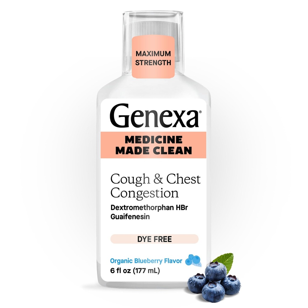 Genexa Clean Cough & Chest Congestion Relief, Sans colorant, 0% Additifs artificiels, Multi-symptômes Relief de résistance maximale Syrup, Cough Suppressant & Expectorant, Bio Blueberry Flavor, 6 fl oz