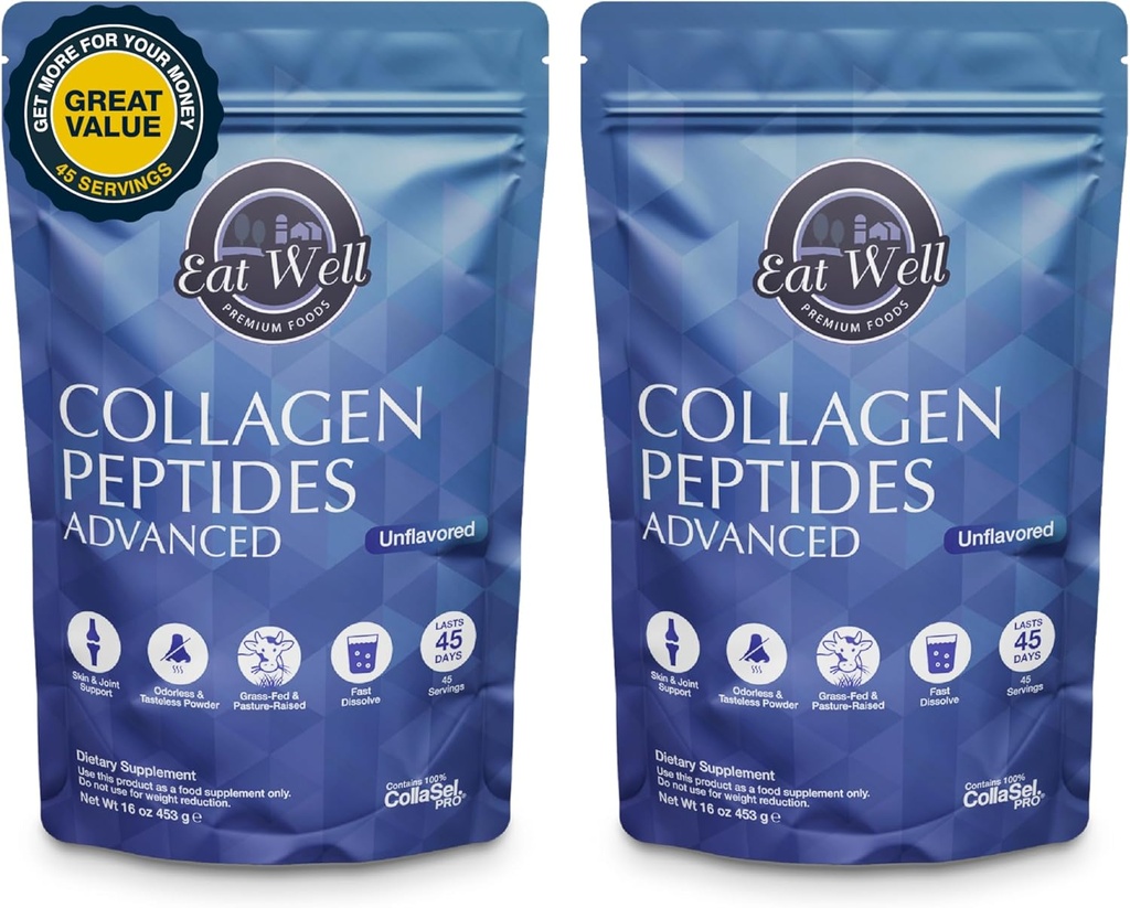 EAT WELL PREMIUM FOODS Collageen Peptides Powder Protein 45 Servings, 16oz, Collageen for Skin, Bone and Joint Support, Type I & III Grass Fed Collagen (45 Servings (pack of 2), Unflavored)