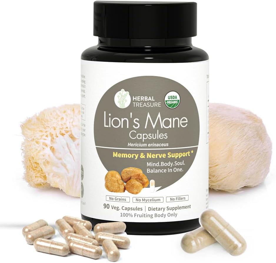 Kruiden Treasure Lions Mane Supplement Capsules, Gemaakt met biologische Lions Mane Powder voor Mental Clarity en Focus Supplementen, 800mg Lions Mane Powder Biologische Biologische Mushroom Supplement 90 Caps