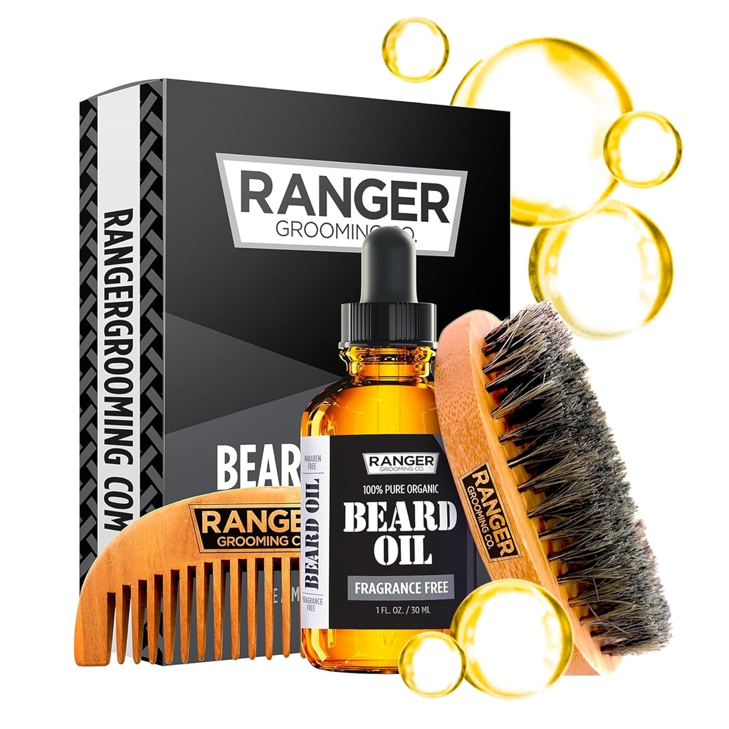 Beard Kit by Ranger Grooming Company by Leven Rose, 100% Organic Natural Fragrance Free Unscented Baard Oil, Boar Bristle Baard Brush, Natural Wood Comb Baard Care Starter Set voor mannen