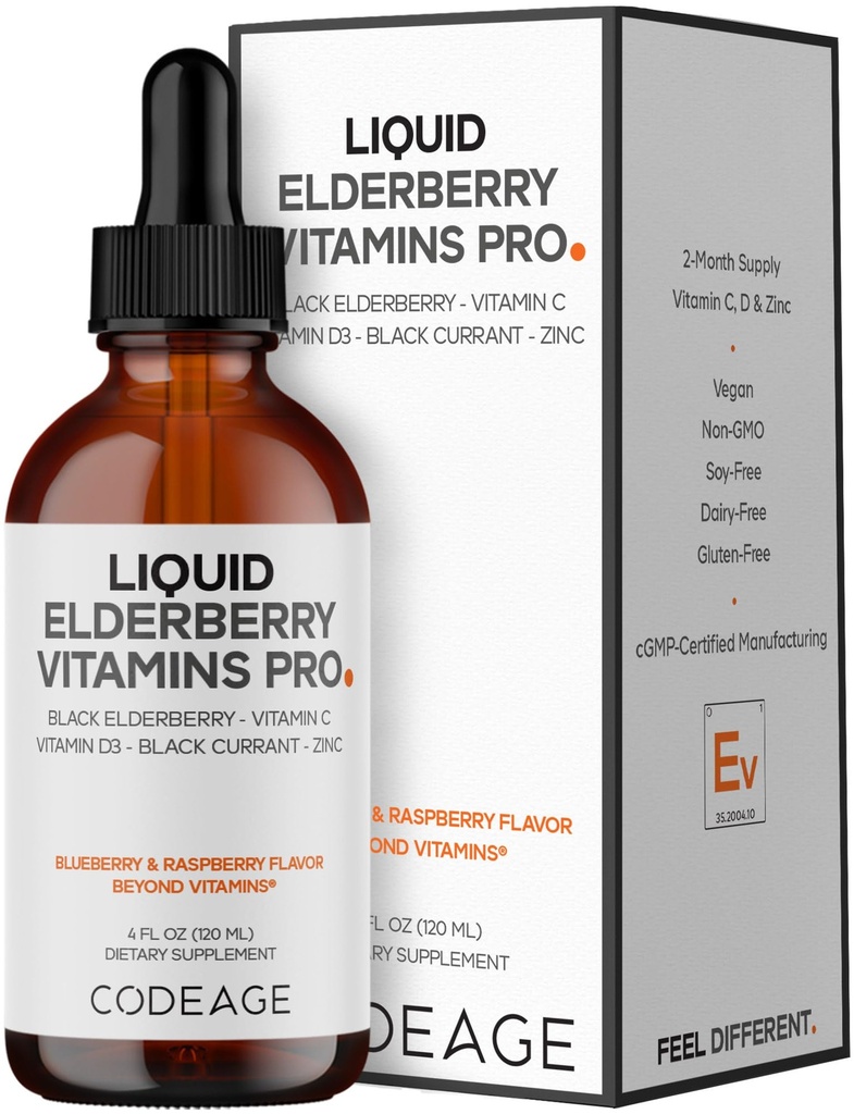 Codeage Vlierbessen Vitaminen Pro - Biologische Zwarte Vlierbessen Liquid Drops - Vitamine C, D3, Zink, Zwarte bessen - 2-maand Supply - Black Sambucus Liquid - Supplement voor volwassenen en kinderen - 4 fl oz