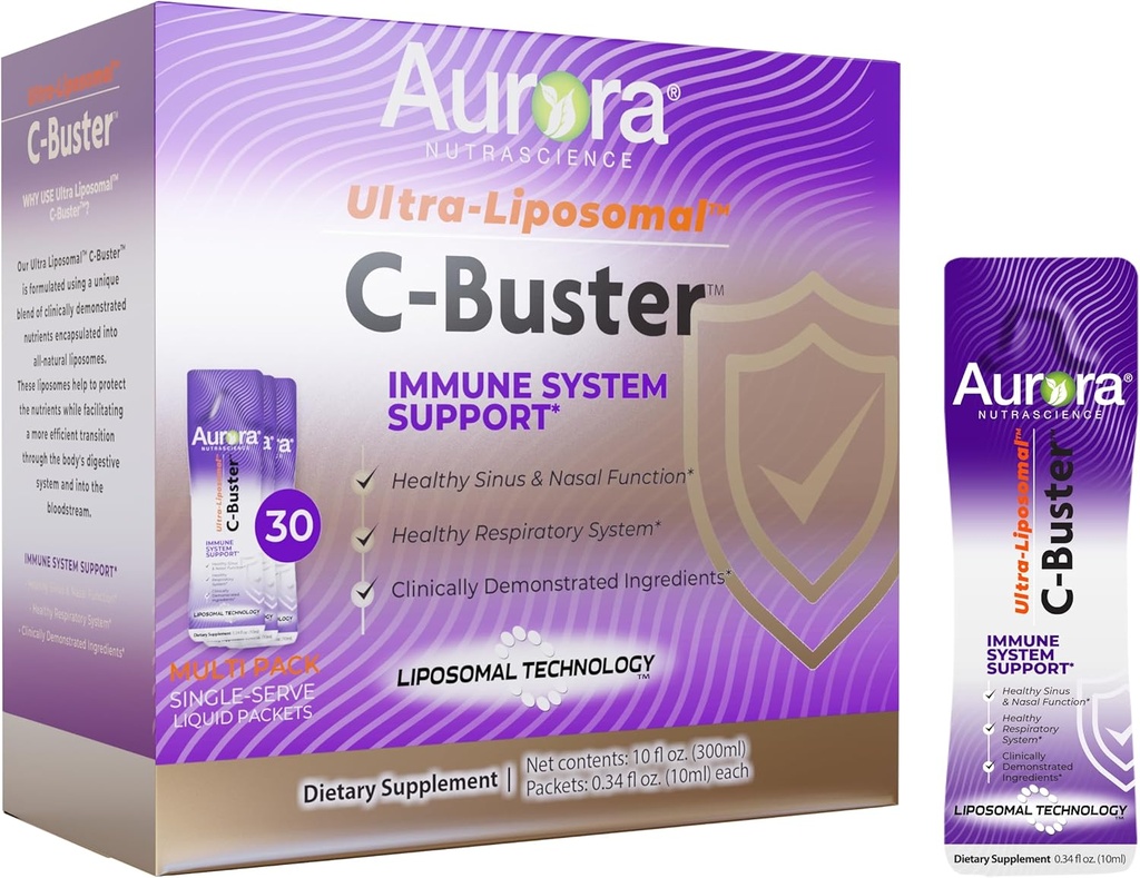 Aurora Nutrascience Ultra Liposomale C-Buster Immune System Support, Vitamine C, Vitamine D, Zink, Vlierbes, Pelargonium, Vitamine K & Ginseng, 30 Packets, 10 ML