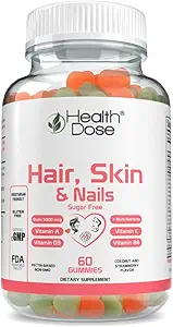 Health Dose Hair Skin Nails with Biotin 5000 mcg, Vitamine A,D3,C & B6, Gluten & Sugar Free, Coconut & Aardbei smaak 60 Tel Gummies.
