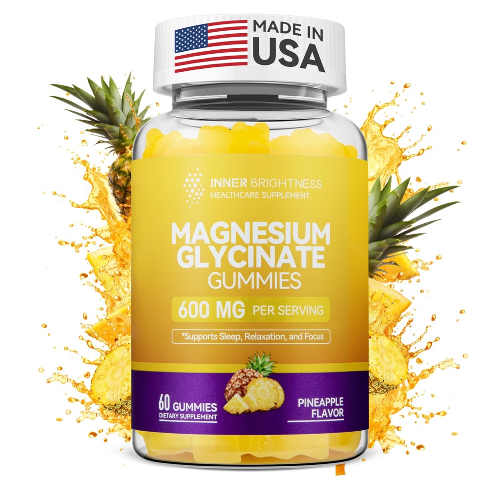 Magnesium Glycinate Gummies 600mg, Non-GMO, Gluten-Free, Magnesium Gummies for Adults & Kids, Sleep, Relaxation & Focus, Pineapple Flavor, 60 Count