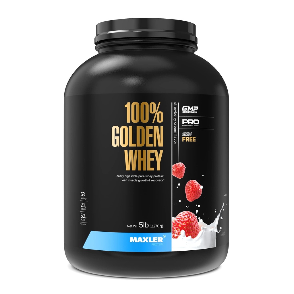 Maxler 100% Golden Whey Protein - 23g Premium Wei Proteïne Poeder per portie - Pre, Post & Intra Workout - Fast-Absorbing Wei Hydrolysaat, Isolaat & Concentraat Blend - Aardbei Cream 5 lbs