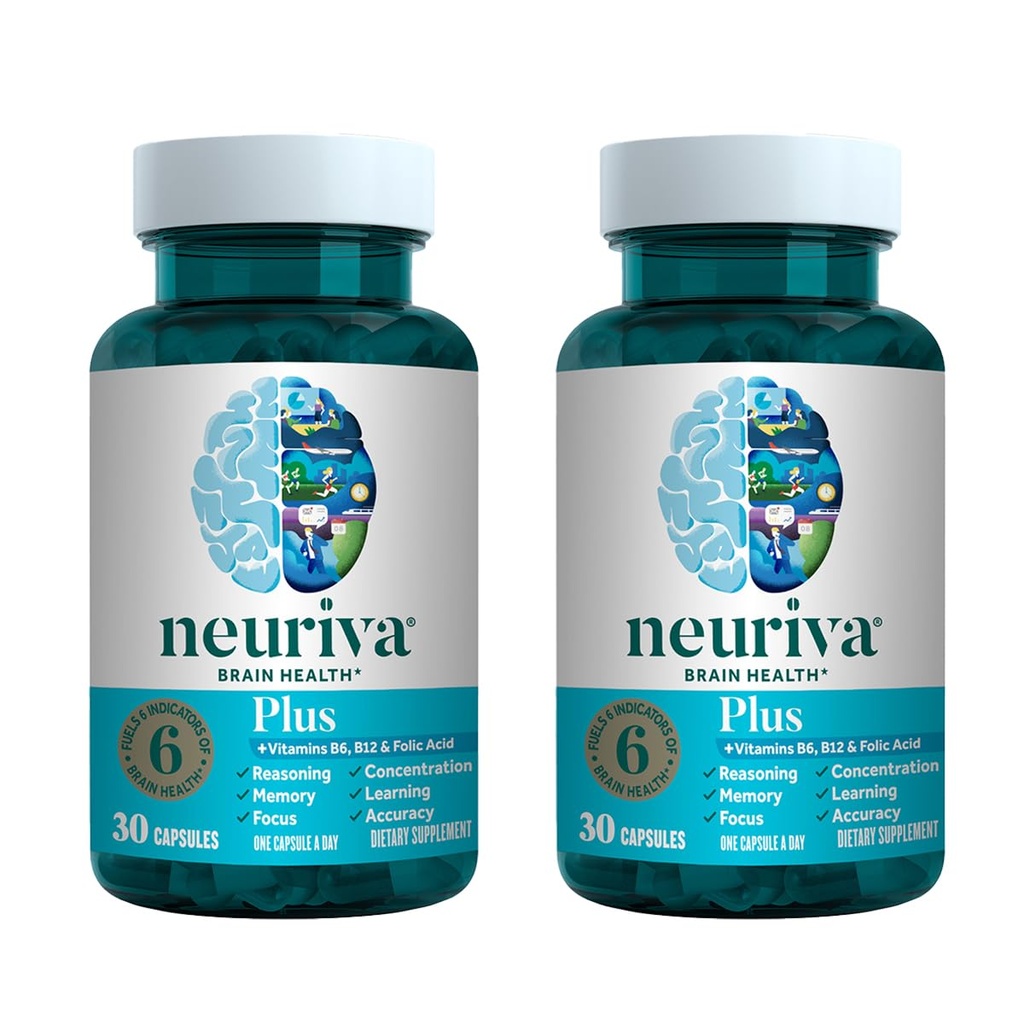 NEURIVA Plus Brain Supplement for Memory, Focus & Concentration + Cognitive Function with Clinically Tested Nootropics Phosphatidylserine and Neurofactor, VIT B6 & B12, 30 Count Capsules (2 Pack)