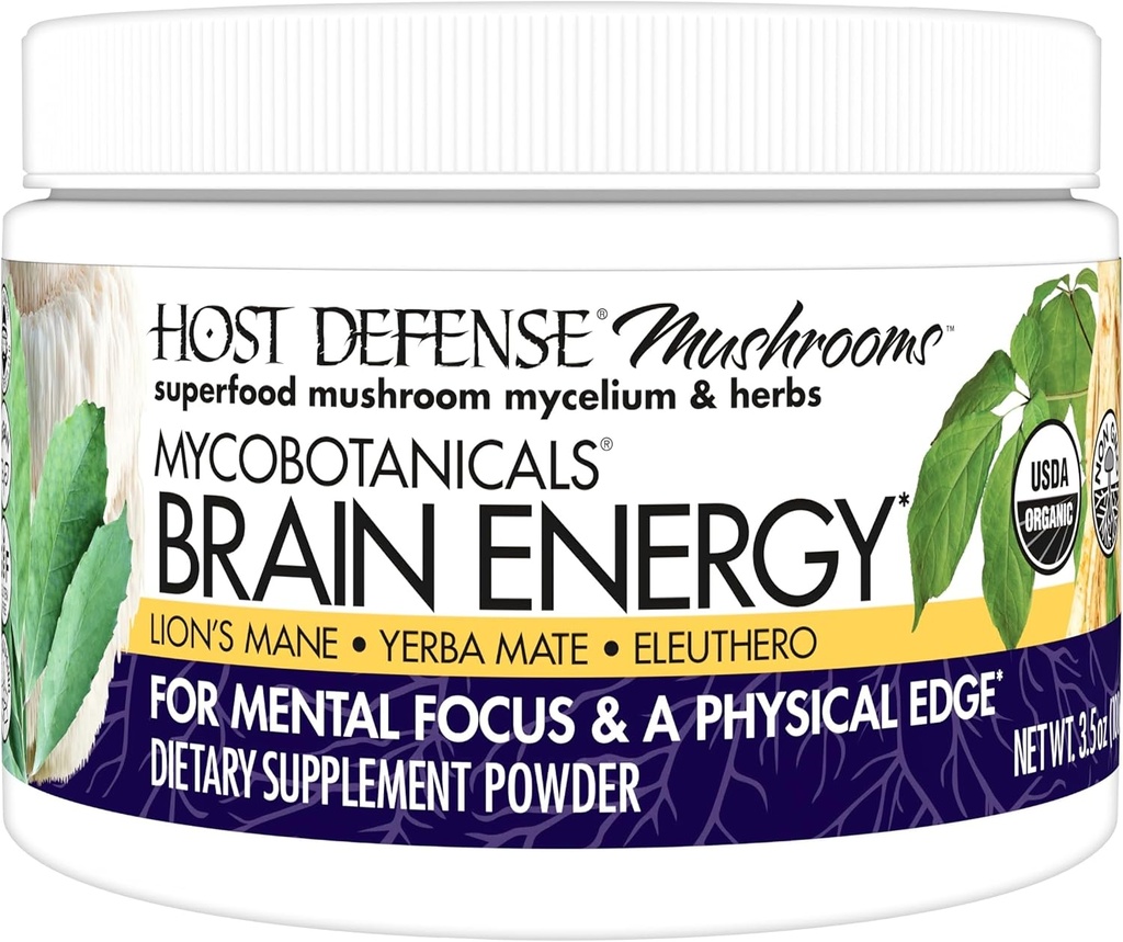 Défense de l'hôte MycoBotanicals Cerveau Énergie* Poudre - Supplément de soutien Cerveau & Focus avec le champignon Lion's Mane - Supplément diététique avec Yerba Mate pour le soutien énergétique - 3,5 oz (33 portions)*