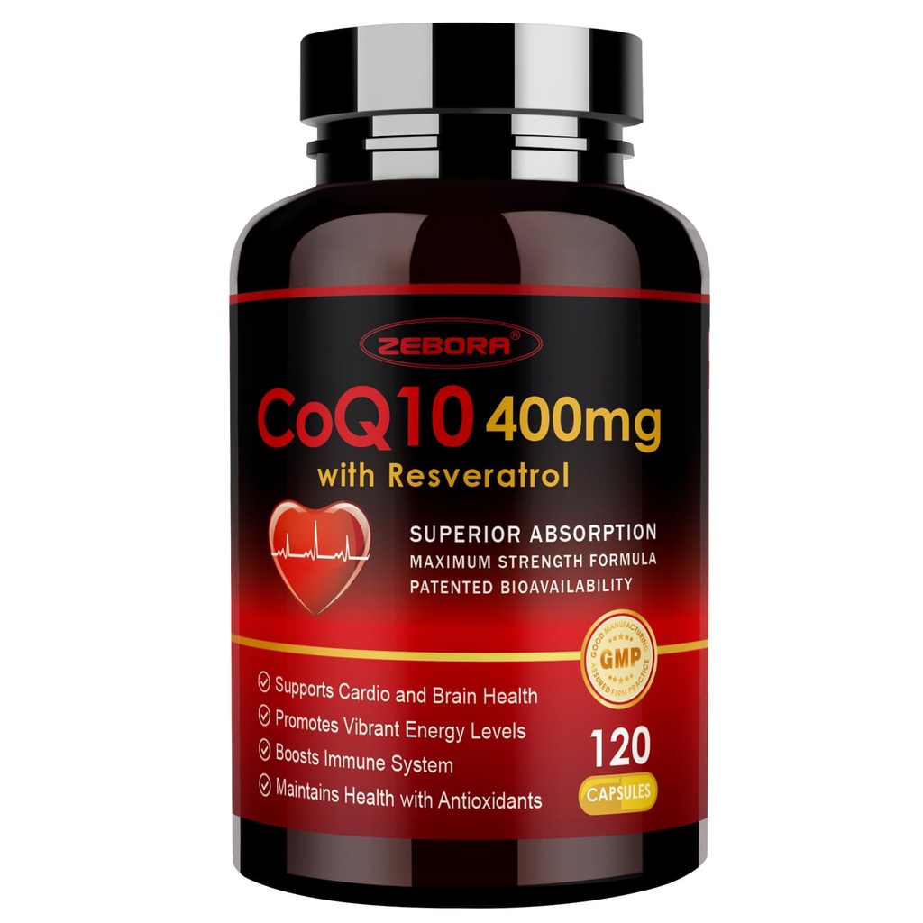 ZEBORA CoQ10-400mg avec trans-résvératrol, PQQ & Vitamine E - Coenzyme d'absorption élevée-Q10 avec BioPerine - puissant antioxydant pour le cœur et la production d'énergie,120 Capsules de Veggie