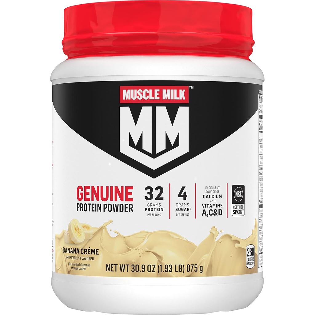 Muscle Milk Genuine Protein Powder, Banana Crème, 1,93 Pond, 13 Servers, 32g Proteïne, 4g Suiker, Calcium, Vitaminen A, C & D, NSF Gecertificeerd voor Sport, Energizing Snack, Verpakking mei Vary