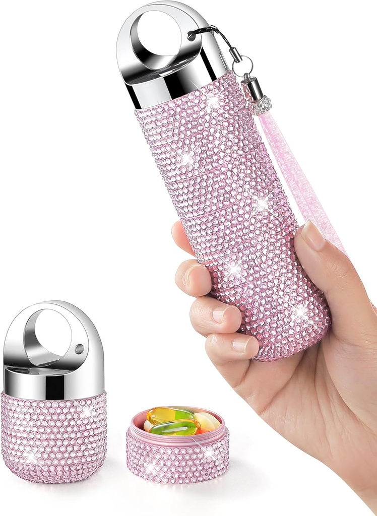 Zannaki Metal Bling Pill Organizer, Travel Waterproof Weekly Pill Box, Portable Large Aluminium Pill Case Container, BPA Free 7 Day Daily Medicine Organizer Holder pour la vitamine, huile de poisson, supplément