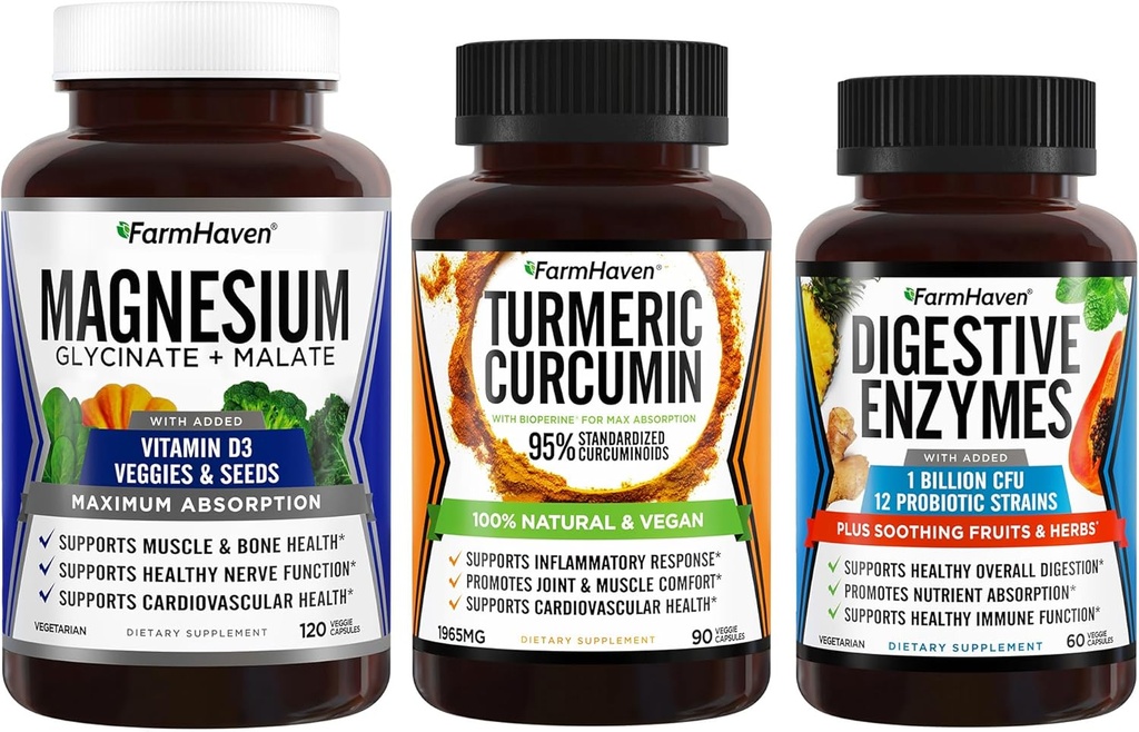 FarmHaven Magnesium Glycinate & Malate Complex w/Vitamine D3 & Turmeric Curcumin with BioPerine Black Pepper & Discompensative Enzymes with 18 Probiotica & Herbs