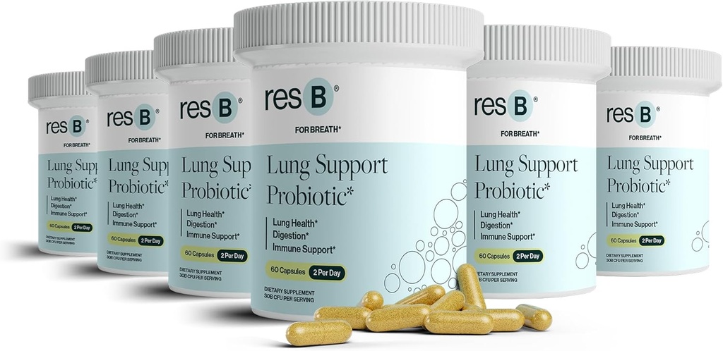 resbiotic resB Lung Support Probiotic Supplement - Long Health Supplement voor Rokers, Gut Health, Immuun Support, Respiratory Care, Holy Basil, Kurkuma, Klinisch Trialed - 360 Capsules (6 flessen)