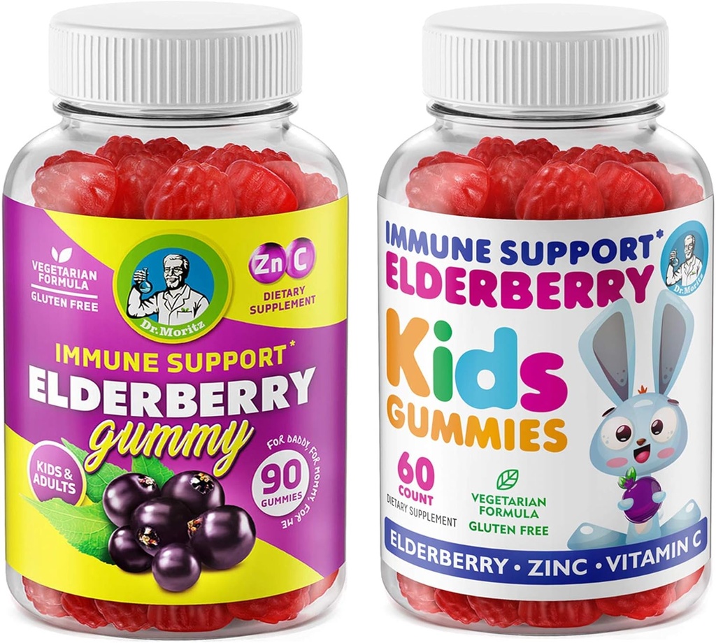 DR. MORITZ Vlierbessen Gummies voor kinderen en familie- immuunsysteem Booster en gezondheidsondersteuning met zwarte Sambucus Vlierbessen Extract - Vitamine en zink Kruiden Immuniteit Boost supplement voor kinderen