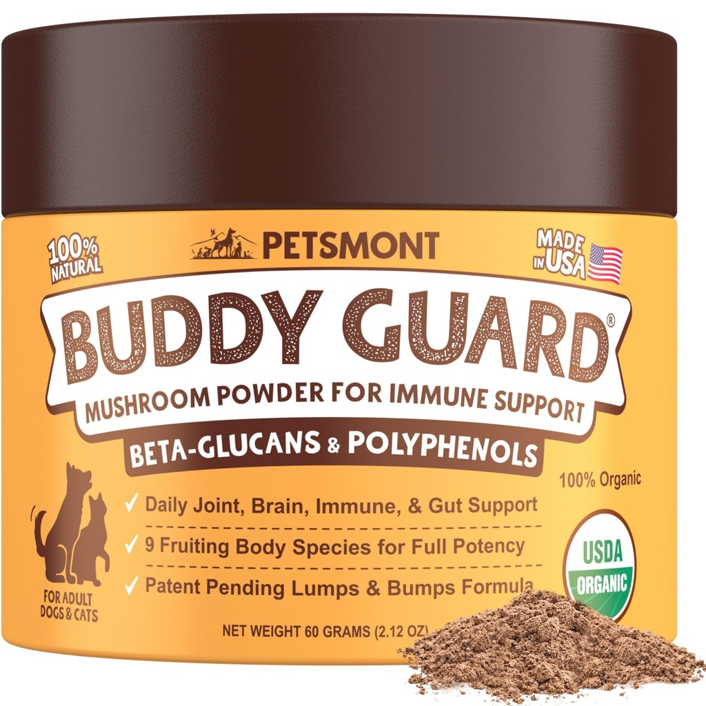Petsmont Buddy Guard for Lumps and Bumps, Lipoma for Dogs & Cats, Patent in afwachting van biologisch 8 Paddestoelpoeder Mengen Natuurlijke Honden Probiotica & Immune Ondersteuning Chaga, Reishi, Lion's Mane, Turkije Staart Paddestoel