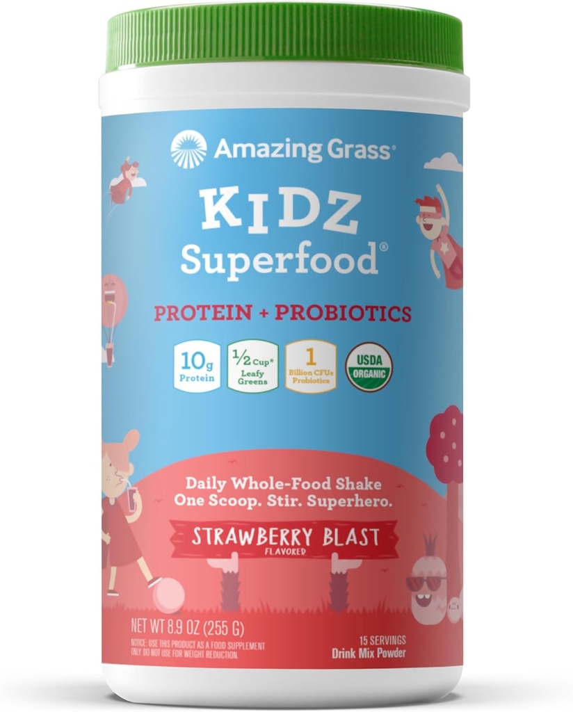 Verbazingwekkend gras Kidz Superfood: Vegan Protein & Probiotica voor kinderen met bietenwortelpoeder & 1/2 Cup van bladige groenen, aardbeienblast, 15 porties