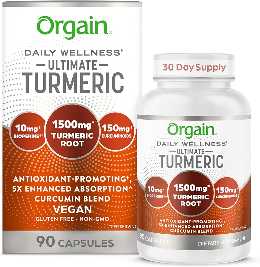 Orgain Ultimate Kurkuma Supplement 1500mg, Curcumine en Bioperine Black Pepper Extract Kruidenmix, Ondersteunt Antioxidant en Hart Gezondheid - 90 Capsules, 1 maand levering