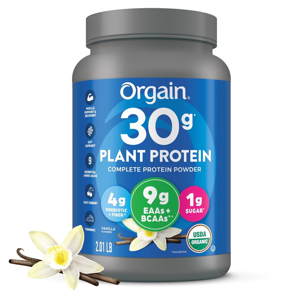 Orgain Organic 30g Vegan Plant Protein Powder, Vanilla, 9g EAAs + BCAAs, High Plant Protein, 4g Prebiotic + Fiber, 1g Sugar, Pre-workout, Muscle Support + Recovery - 2.01.lb (Packaging May Vary)