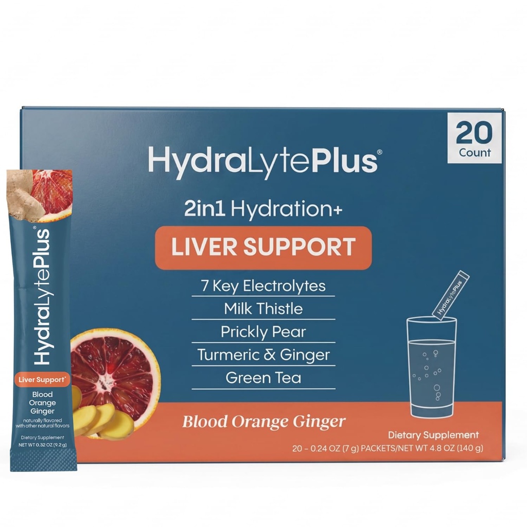 Support du foie Hydralyte + Mélange d'électrolyte avec le chardon de lait, le curcuma, le gingembre, la poire piquante, l'extrait de thé vert préparé pour une réhydratation rapide (Gingembre orange de sang, 20 paquets)