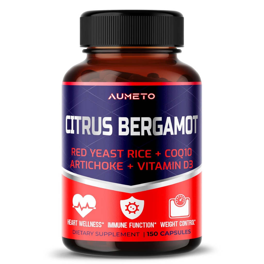 Citrus Bergamot Supplement met Rode Gist Rijst, CoQ10, Artichoke, Vitamine D3 - Ondersteuning van de algehele circulatie Wellness en Immuun Systeem (150 Tel (pakket van 1))