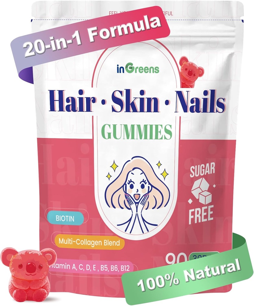 20-in-1 Hair Skin and Nails Gummies, Hair Biotin Vitaminen voor vrouwen & mannen met 10000 mcg Biotine, Vitaminen A, C, D, E voor haargroei & gezonde huid, White Perach Flavor, 90 Gummies