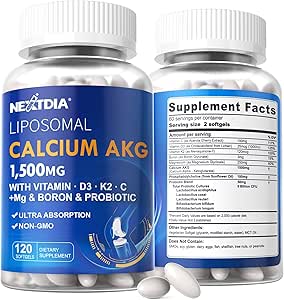 2 verpakkingen Liposomal Calcium AKG Supplement 1500 mg met vitamine D3 & K2 voor vrouwen en mannen, calciumsupplement met magnesiumglycinaat, boron, probiotica & vitamine C voor botsterkte & energie, 240 softgels