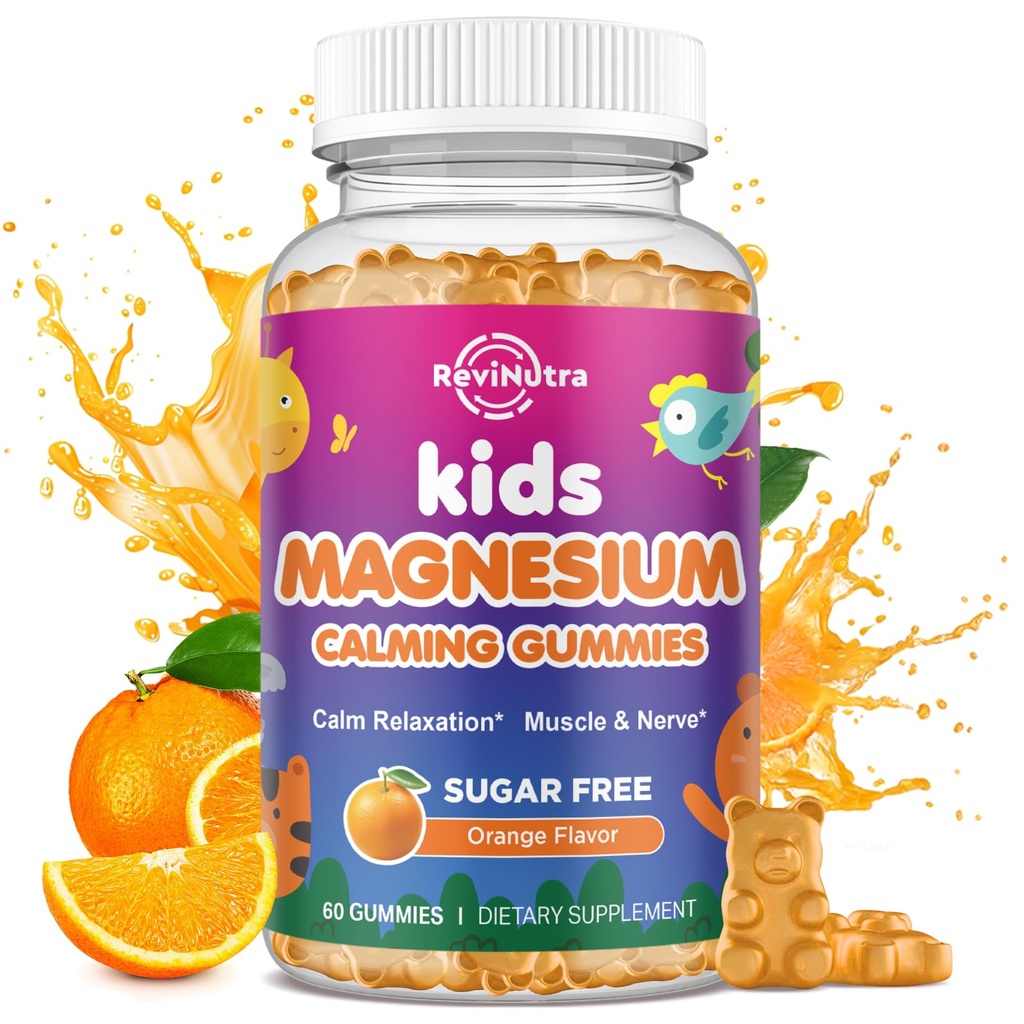 Gommies de magnésium pour les enfants - Supplément de magnésium glyciné pour le sommeil, le cerveau, l'immunité et la santé des os - Grande dégustation Gommies de magnésium pour les enfants et les adultes - Orange sans sucre végétalien 60ct