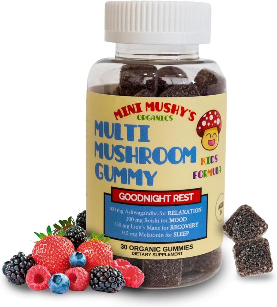 Mini Mushy's Organic Goodnight Rest Gummies | Ashwagandha, Reishi, Lions Mane, Mushrooms, Melatonin | Kids Age 2+ Natural Color, Allergy Friendly, Low Sugar | Berry Flavor - 30 Count