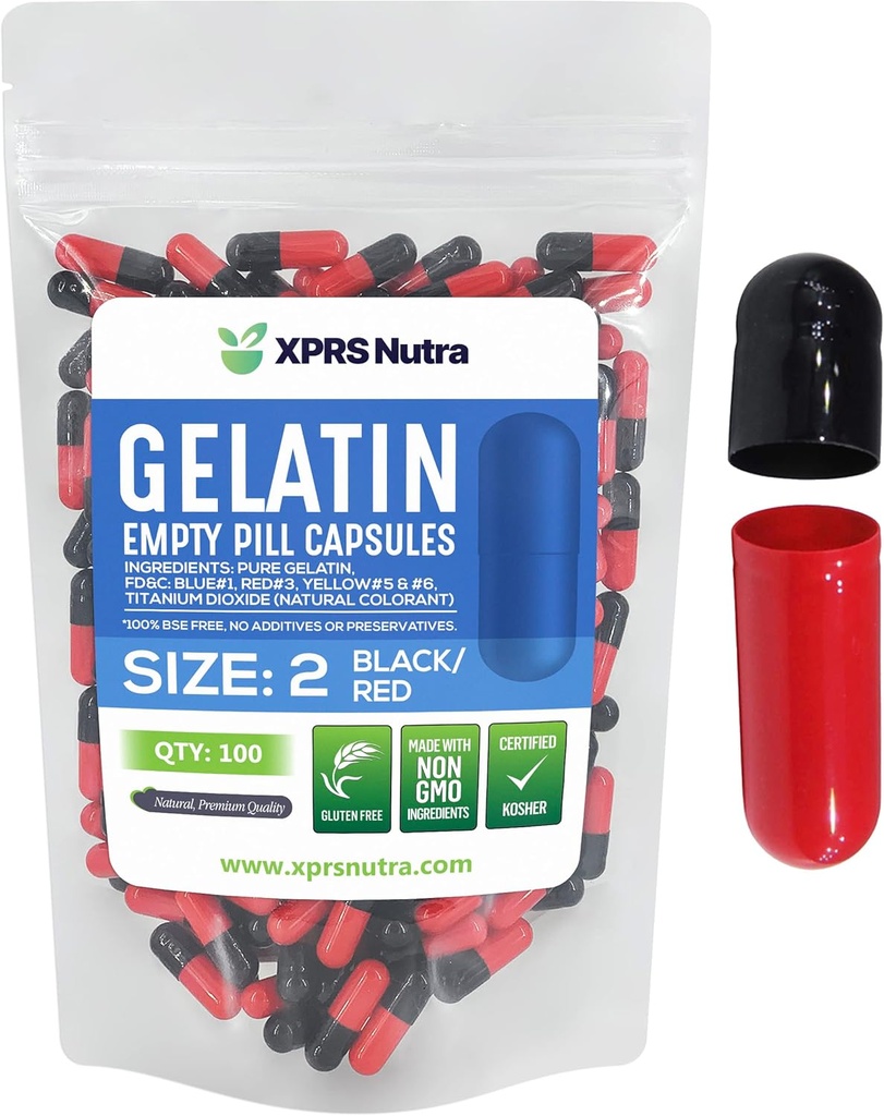 XPRS Nutra Maat 2 Lege Capsules - 100 Telle Lege Gelatine Capsules - Pillen DIY Capsule Vulling - Pure Bovine Pill Gel Caps for Do-It-Yourself Supplements (Zwart/Rood)