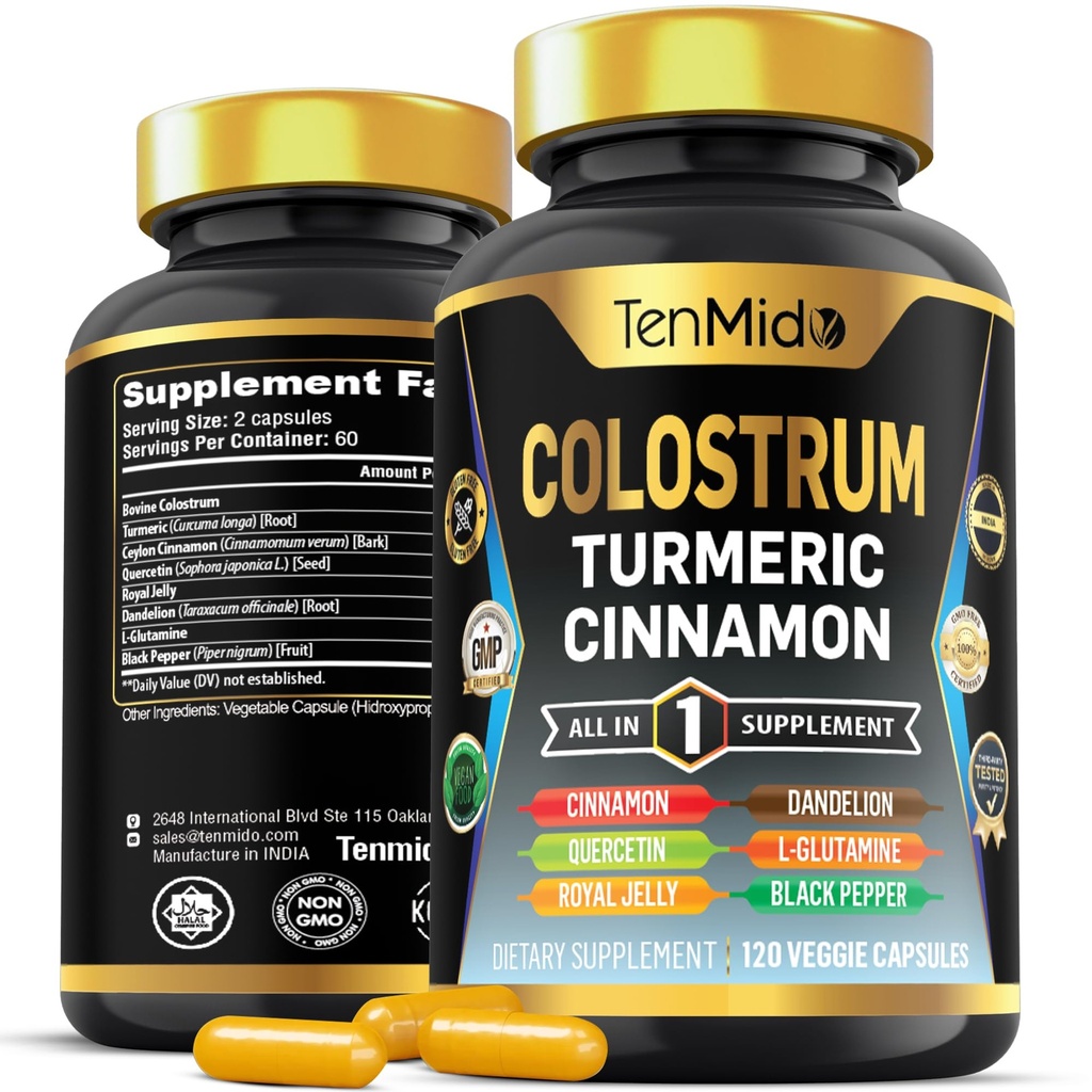 Supplément de colostrum - Formule 8in1 - Combiner avec le curcuma, le Ceylan Cinnamon, Quercetin, Royal Jelly, Dandelion, L- Glutamine et le poivre noir - Soutien de santé digestif - 120 capsules