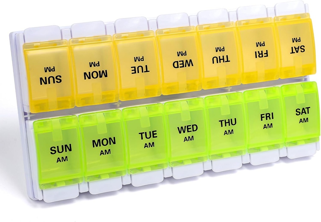 Sukuos AM Wekelijkse pil Organisator 7 Dag, 2 Tijden Een dag Medicine pil Box met Gemakkelijk Push Knop, BPA Gratis vitamine koffers voor Fish Oil/Suplements, Gemakkelijk te reinigen (Gele & Green)