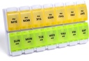 Sukuos AM PM Organisateur hebdomadaire de pilules 7 jours, 2 fois par jour Boîte à pilules de médecine avec bouton poussoir facile, caisses de vitamine sans BPA pour huile de poisson / suppléments, facile à nettoyer (jaune et vert)