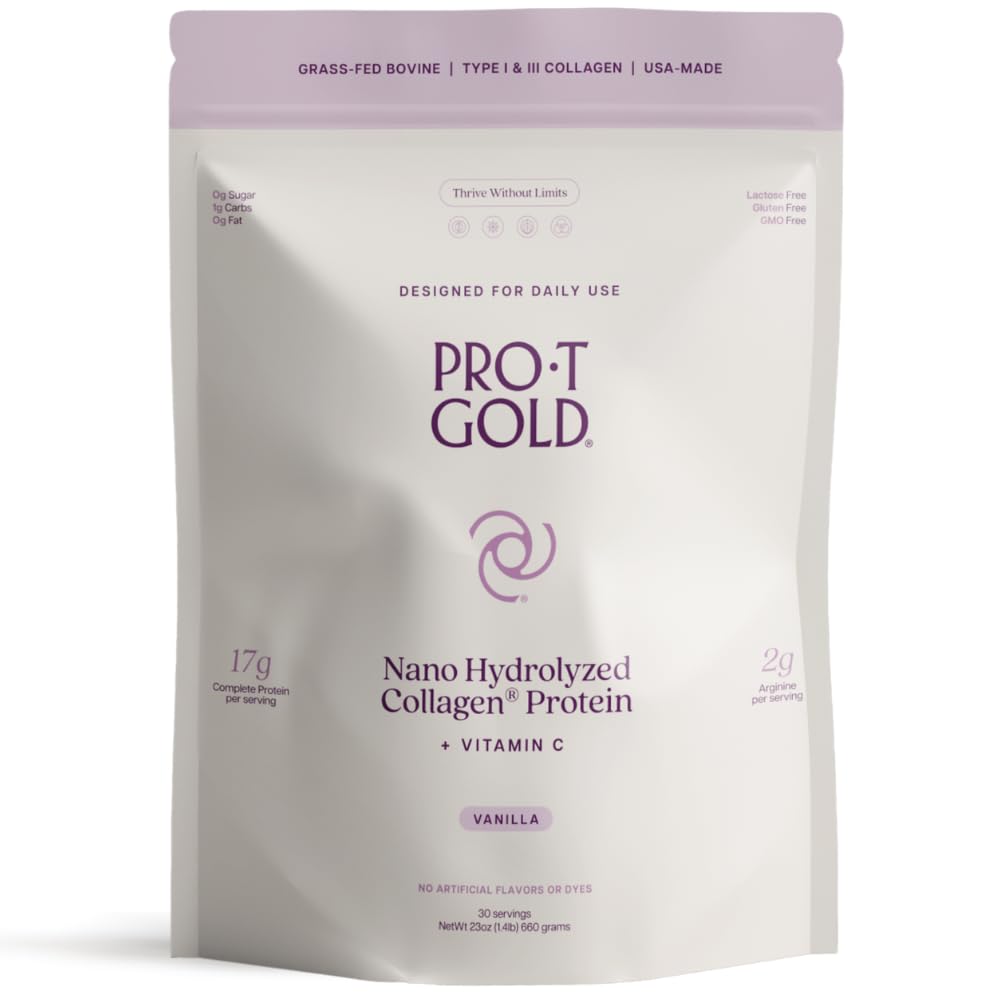 ProT poudre de protéines de collagène d'or, 17g de protéines Nano-Hydrolyzed Grass Collagène, vitamine C, 2g d'arginine pour le soutien des plaies, sans gluten, tous naturels, sans gras et sans sucre, 0g de glucides, vanille, 23 oz, 30