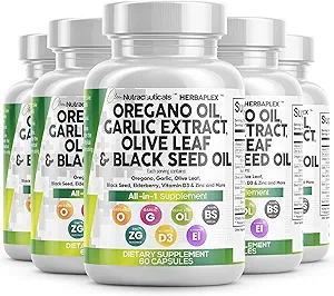 Nutraceutiques propres Huile d'origan Extrait d'ail Olive Leaf Huile de graines noires- Immunissance et supplément de santé digestif pour les femmes et les hommes avec vitamine D3 et zinc - 5Pack