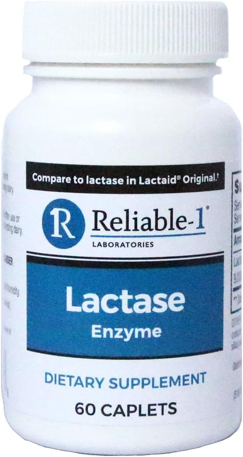 RELIABLE 1 LABORATORIES Lactase Enzyme Dieetsupplement (60 Capletes, 1 fles) - helpt om gas, opgeblazen gevoel en diarree van op melk gebaseerde producten te voorkomen