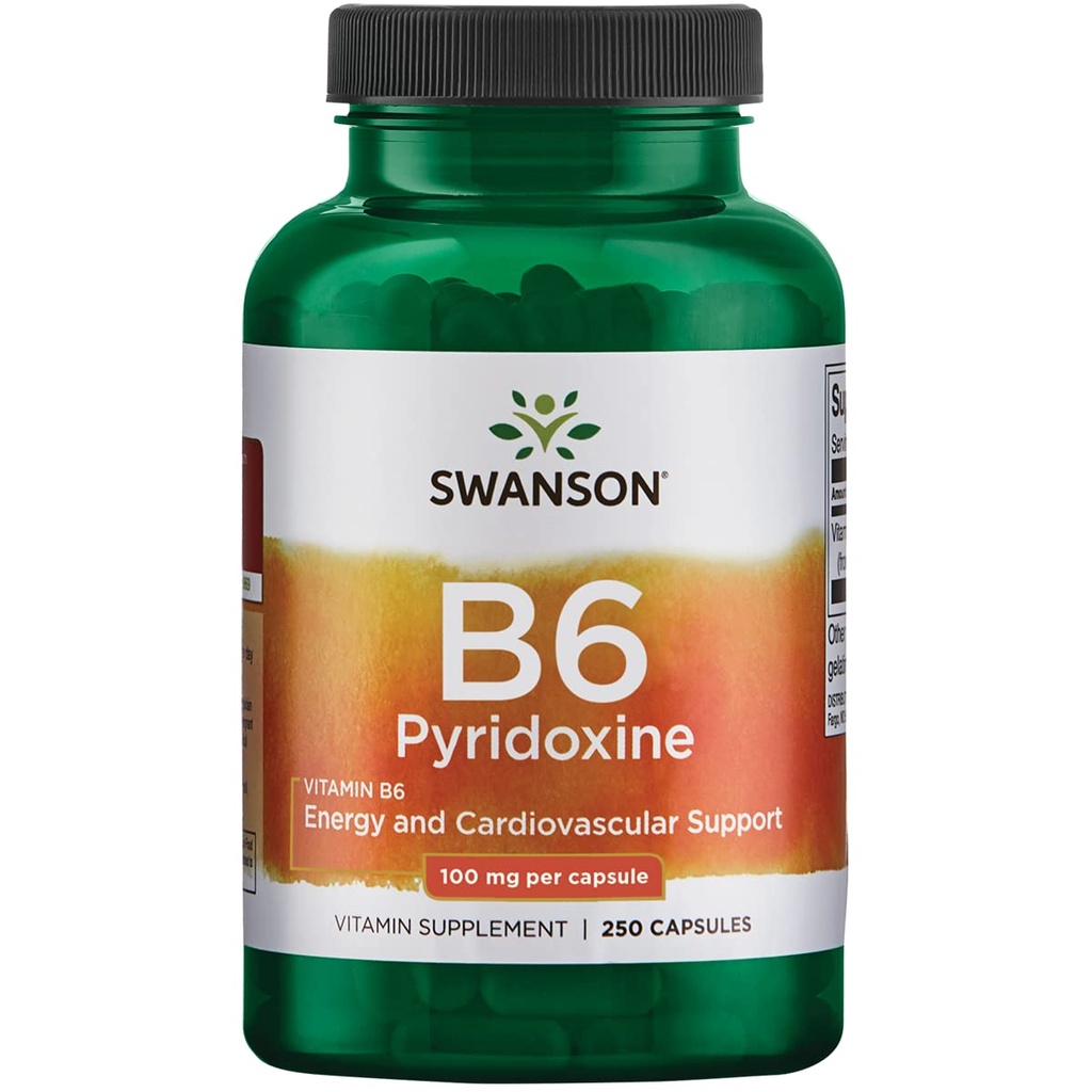 Swanson B6 Pyridoxine - Vitaminesupplement ter bevordering van cardiovasculaire gezondheid en energie Metabolisme - Natuurlijke formule ter bevordering van algehele welzijn - (250 capsules, 100 mg elk)