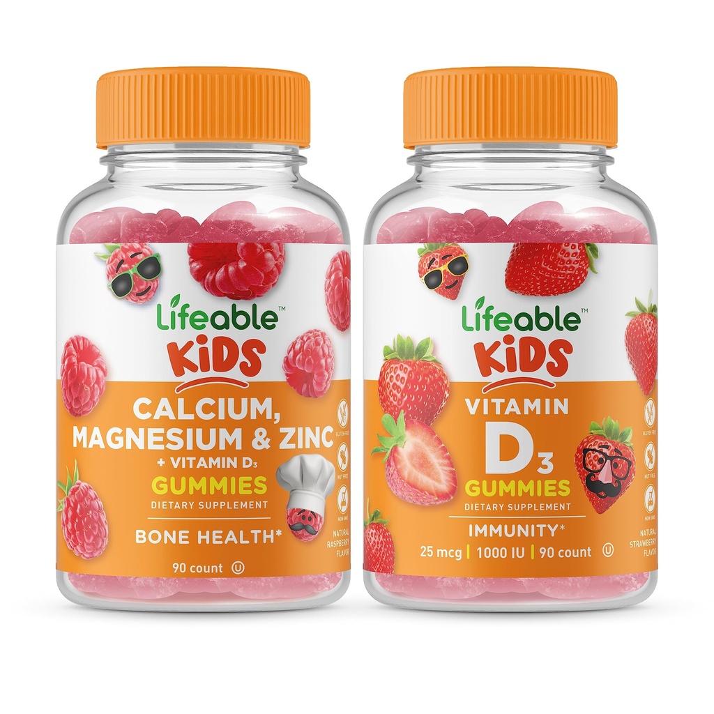 Calcium vienable Magnésium & Zinc Enfants + Vitamine D Enfants, Gommies Bundle - Grande dégustation, supplément de vitamine, sans gluten, sans OGM, gommy à croquer