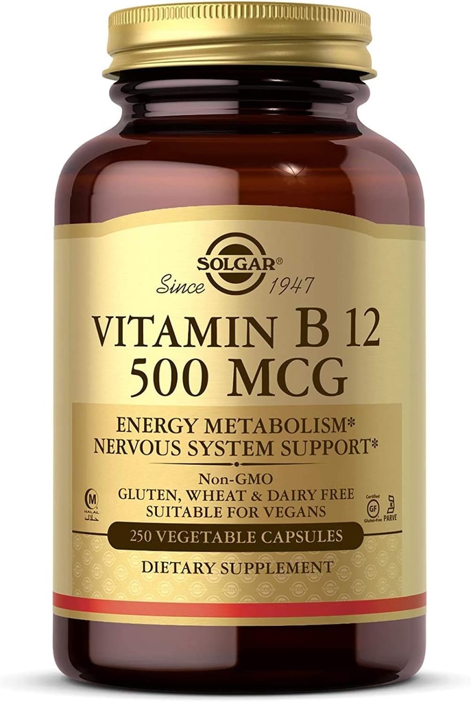 Solgar Vitamine B12 500 mcg, 250 plantaardige capsules - Energie Metabolisme - Zenuwstelselondersteuning - Bevordert de gezondheid van het hart - Non-GMO, veganistisch, glutenvrij, zuivelvrij, Kosher, Halal - 250 porties