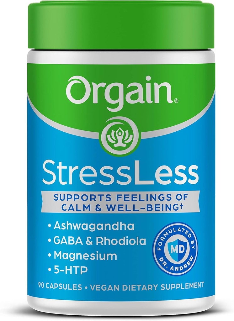 Orgain StressLess, Vegan Stress Relief Supplement - Blend van Magnesium, Lemon Balm, GABA, 5 HTP, Rhodiola Rosea, Ashwagandha en kamille, Glutenvrij, Doctor Formuled - 90 Tellen, 30 Dagen Levering