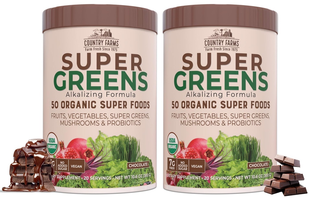 LAND LANDBOUW Super Greens Chocolade smaak, 50 Biologische Super Foods, USDA Biologische Drink Mix, Fruit, Groenten, Super Greens, Paddenstoelen & Probiotica, Ondersteunt Energie, 40 Servers, 10.6 Oz, 2 Pack