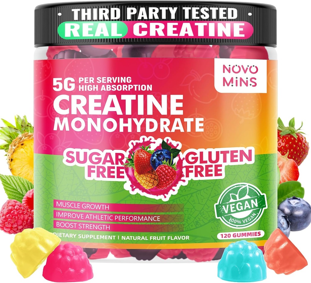 novomins Creatine Monohydraat Gummies 5000mg for Men & Women, Chewables Creatine Monohydraat for Muscle Strength, Muscle Builder, Energy Boost, Pre-Workout Supplement(120 Tellen)
