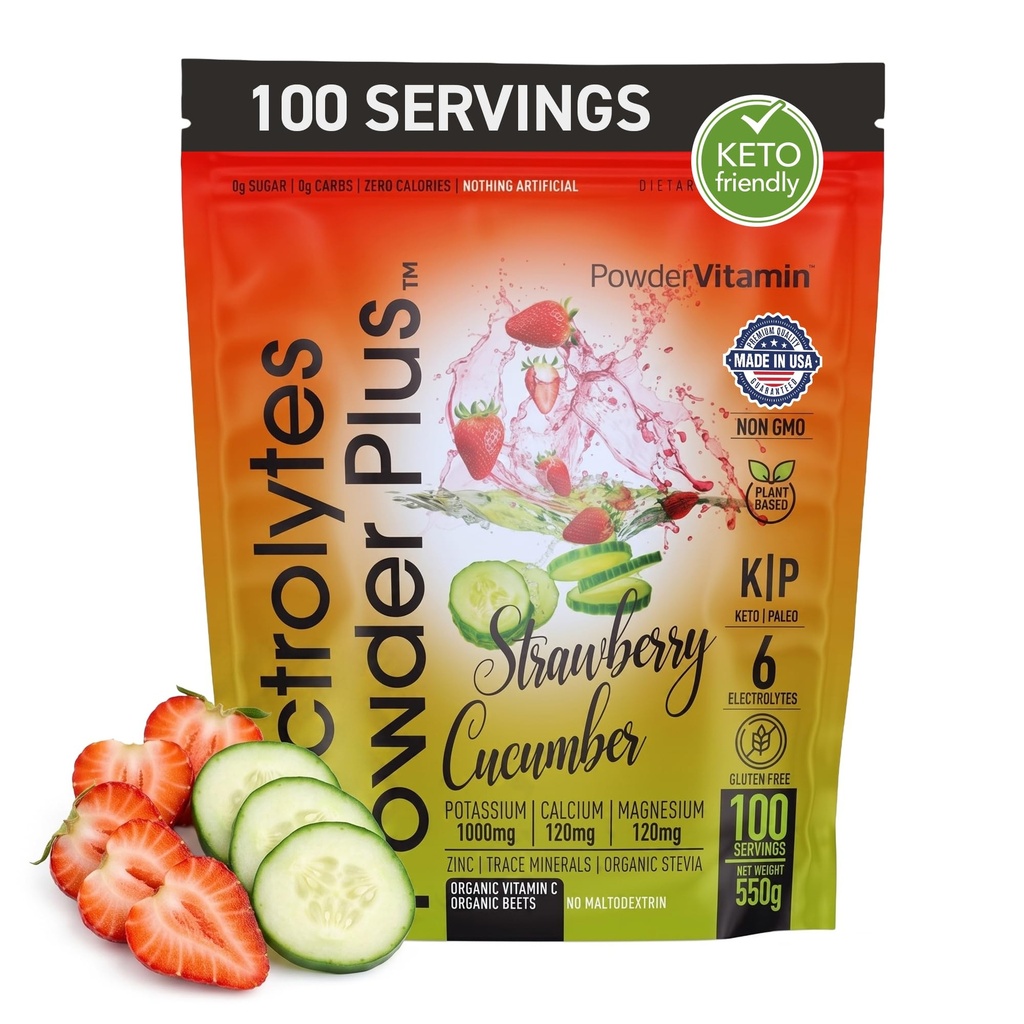 PoederVitamine Electrolytes Powder Plus (100 porties) Strawberry Cucumber Electrolyte Powder Zero Calorie Keto,0Sugar, No Maltodextrine,1000mg Kalium,120mg Calcium,120mg Magnesium, Hydratatiepoeder