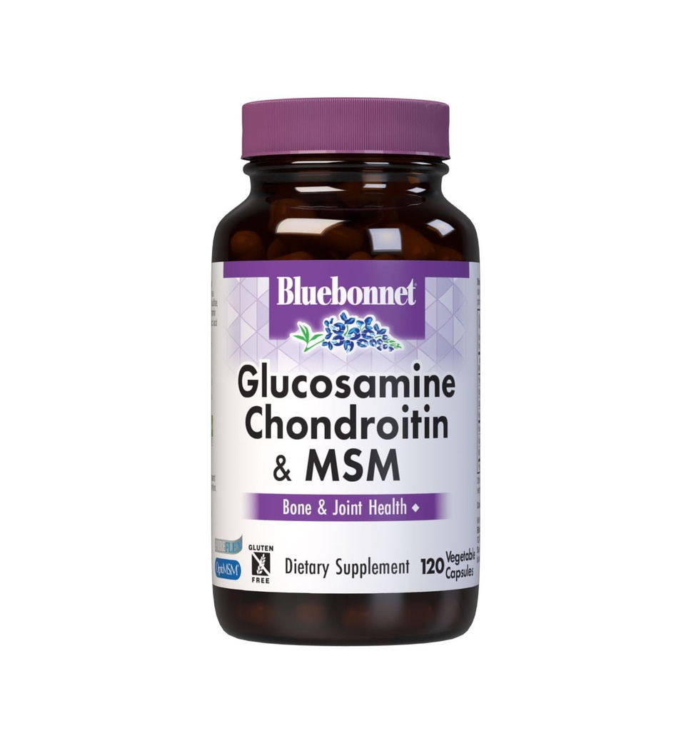 Bluebonnet Nutrition Glucosamine Chondroitin & MSM, Glucosamine, Bone & Joint Health*, Non-GMO, Glutenvrij, Sojavrij, zuivelvrij, 120 plantaardige capsules, 40 porties